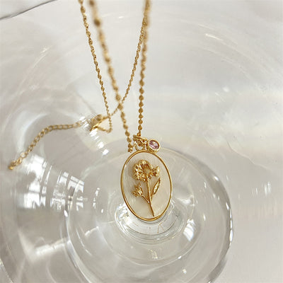 December Birthstone Floral Oval Pendant Necklace