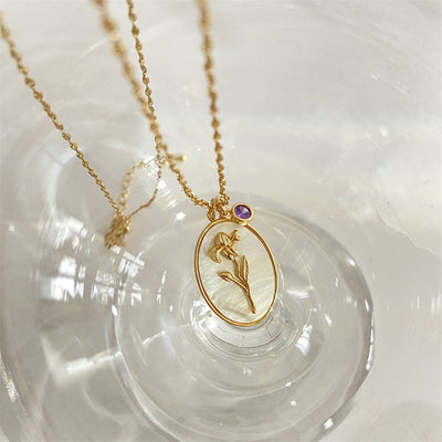 December Birthstone Floral Oval Pendant Necklace
