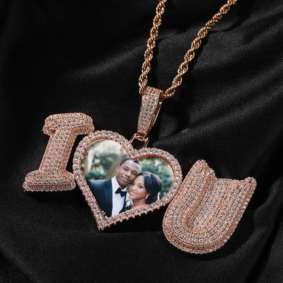 Photo Customized I_Love_U Shape Photo Frame Pave Necklace