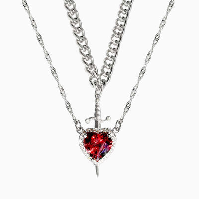Fashionable Heart Dagger with Diamond Arrow Through Heart Couple Necklace Set