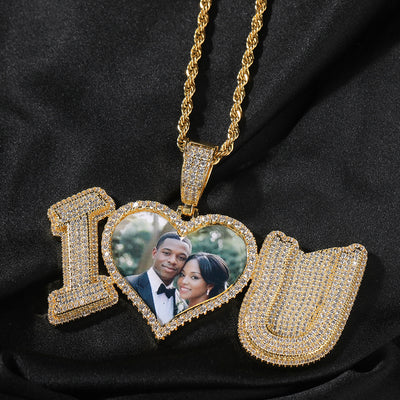 Photo Customized I_Love_U Shape Photo Frame Pave Necklace
