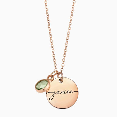 Personalized December Birthstone Engraved Round Pendant Necklace