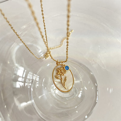 December Birthstone Floral Oval Pendant Necklace
