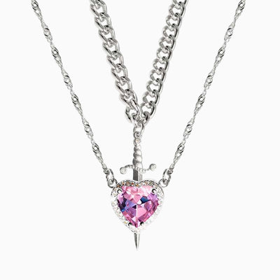 Fashionable Heart Dagger with Diamond Arrow Through Heart Couple Necklace Set