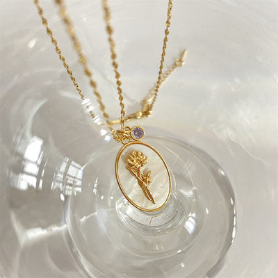 December Birthstone Floral Oval Pendant Necklace